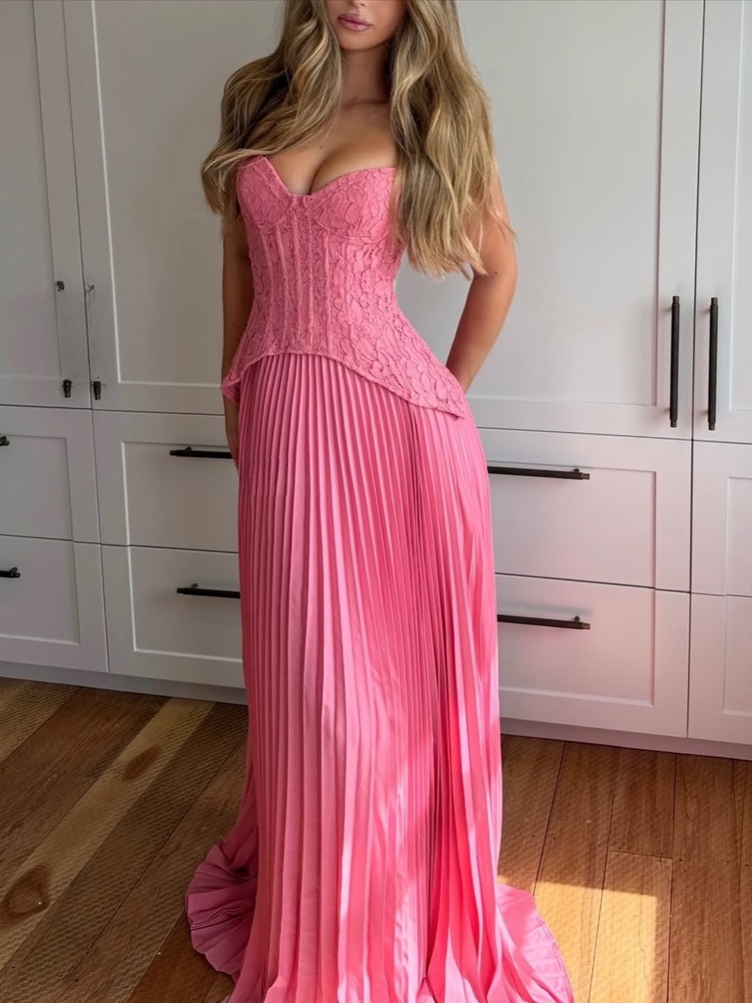 Pleated maxi dress with a lace design, back tie, and waist fastening - MELIA