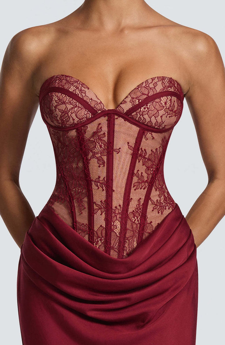Strapless maxi dress with a lace design, back tie, and satin pleats – Larian