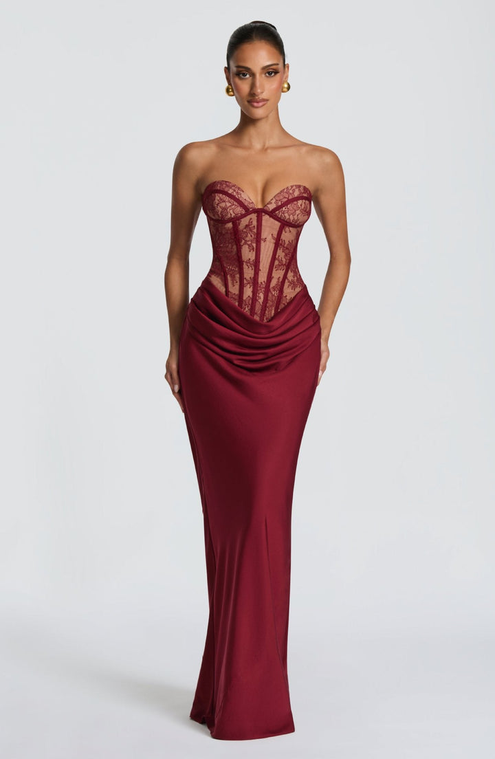 Strapless maxi dress with a lace design, back tie, and satin pleats – Larian