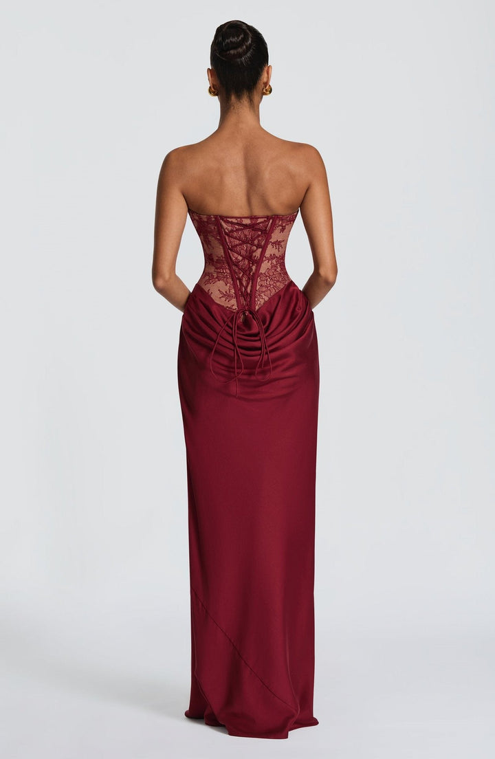 Strapless maxi dress with a lace design, back tie, and satin pleats – Larian