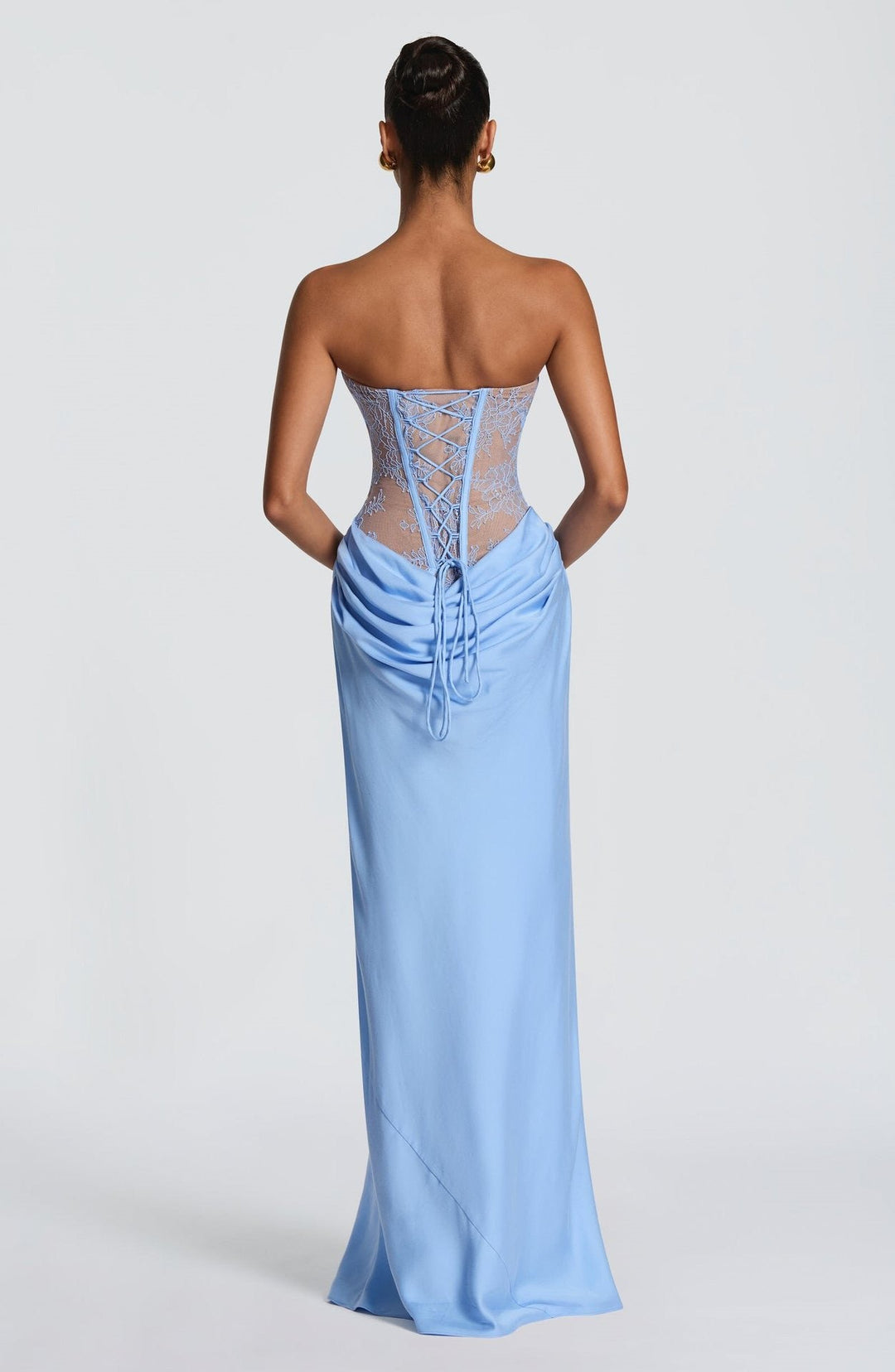 Strapless maxi dress with a lace design, back tie, and satin pleats – Larian