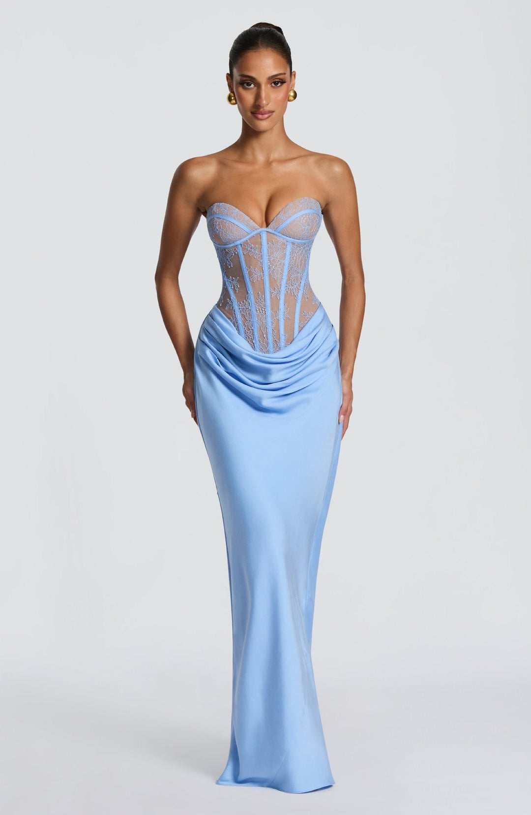 Strapless maxi dress with a lace design, back tie, and satin pleats – Larian