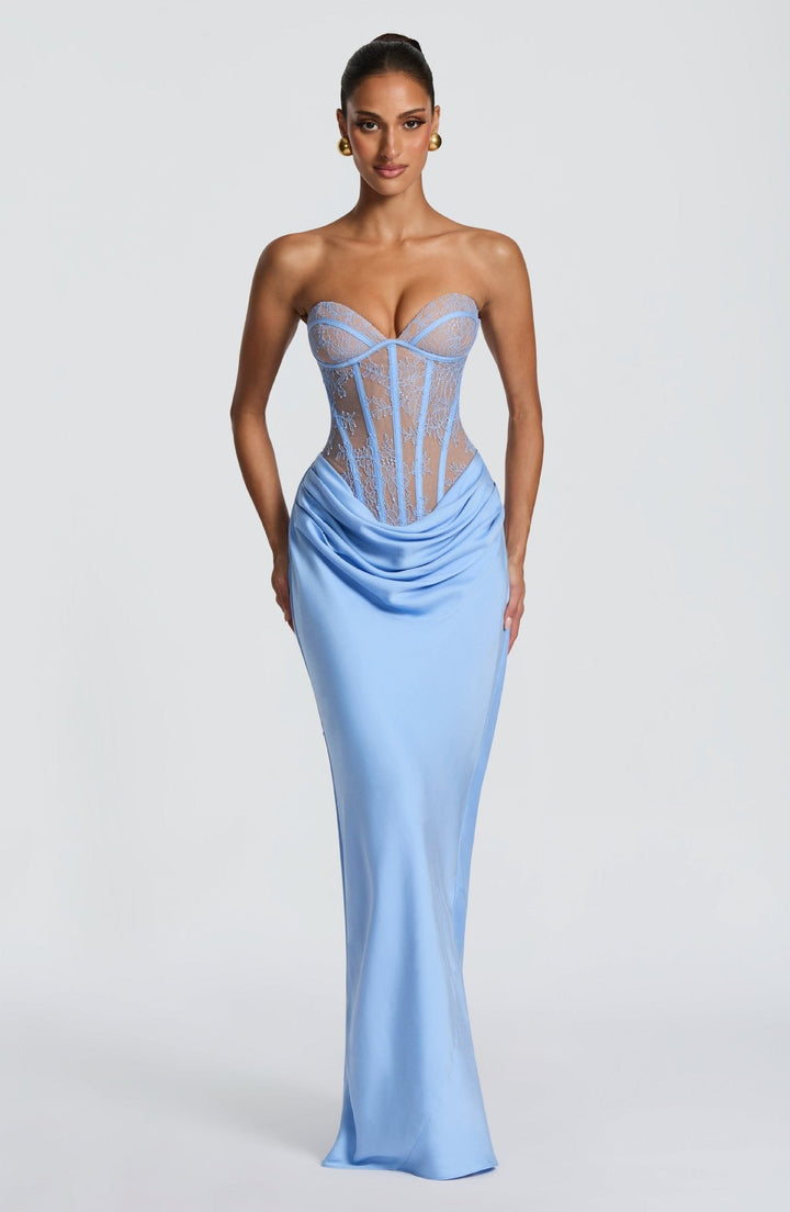 Strapless maxi dress with a lace design, back tie, and satin pleats – Larian