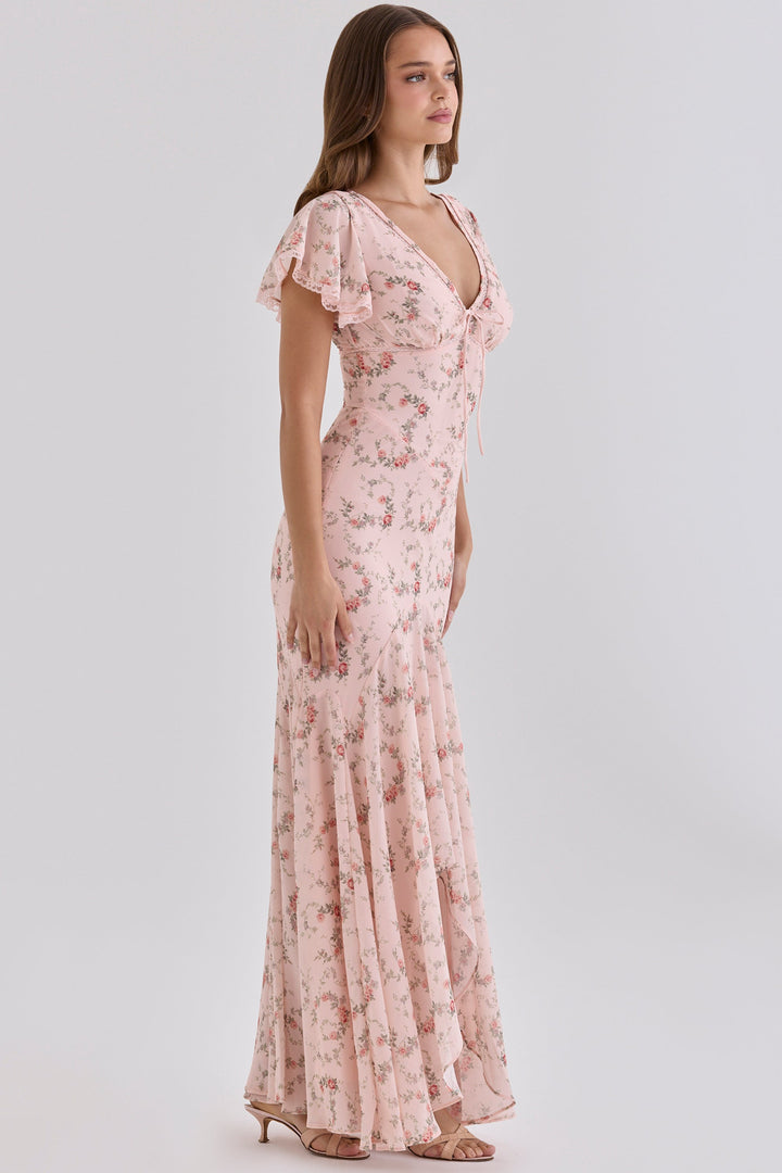 Floral satin maxi dress with lace trim - FLORIE