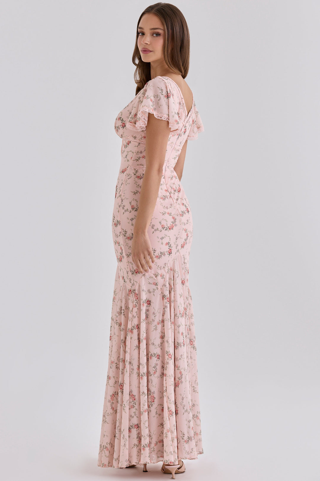 Floral satin maxi dress with lace trim - FLORIE