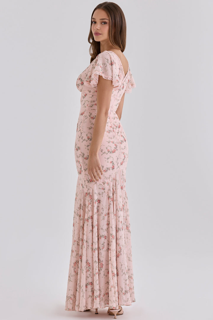 Floral satin maxi dress with lace trim - FLORIE
