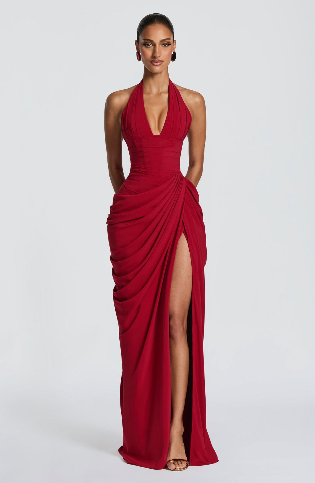 Elegant pleated maxi dress with a slit design and a back tie for a cinched waist – SIA