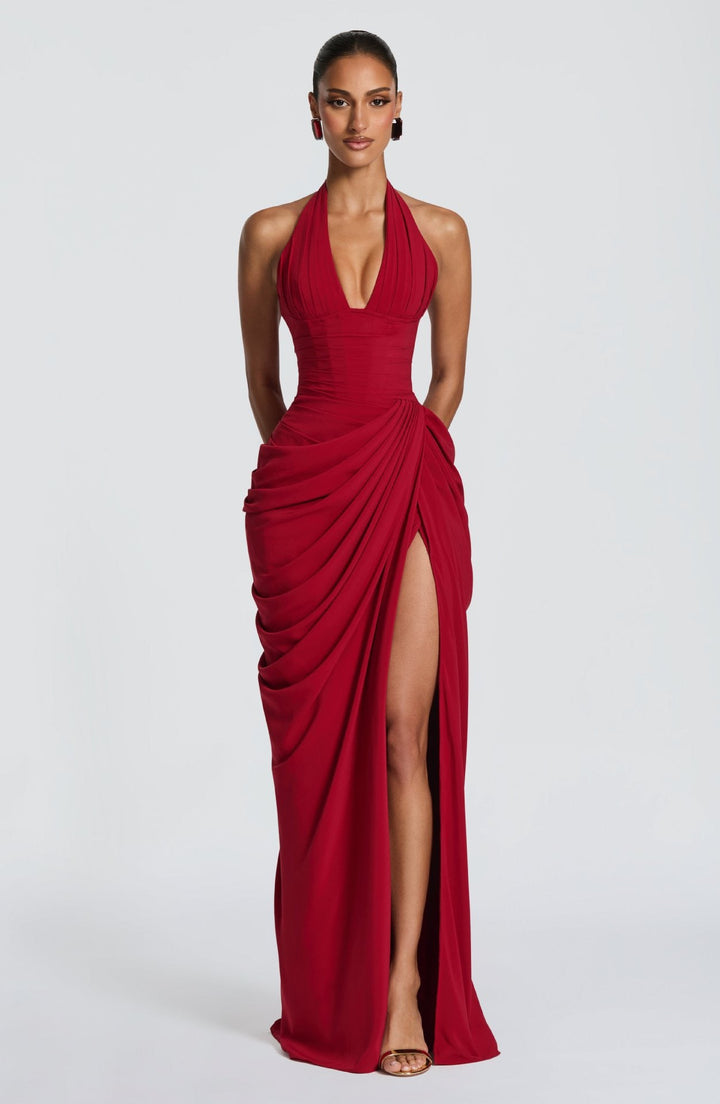 Elegant pleated maxi dress with a slit design and a back tie for a cinched waist – SIA