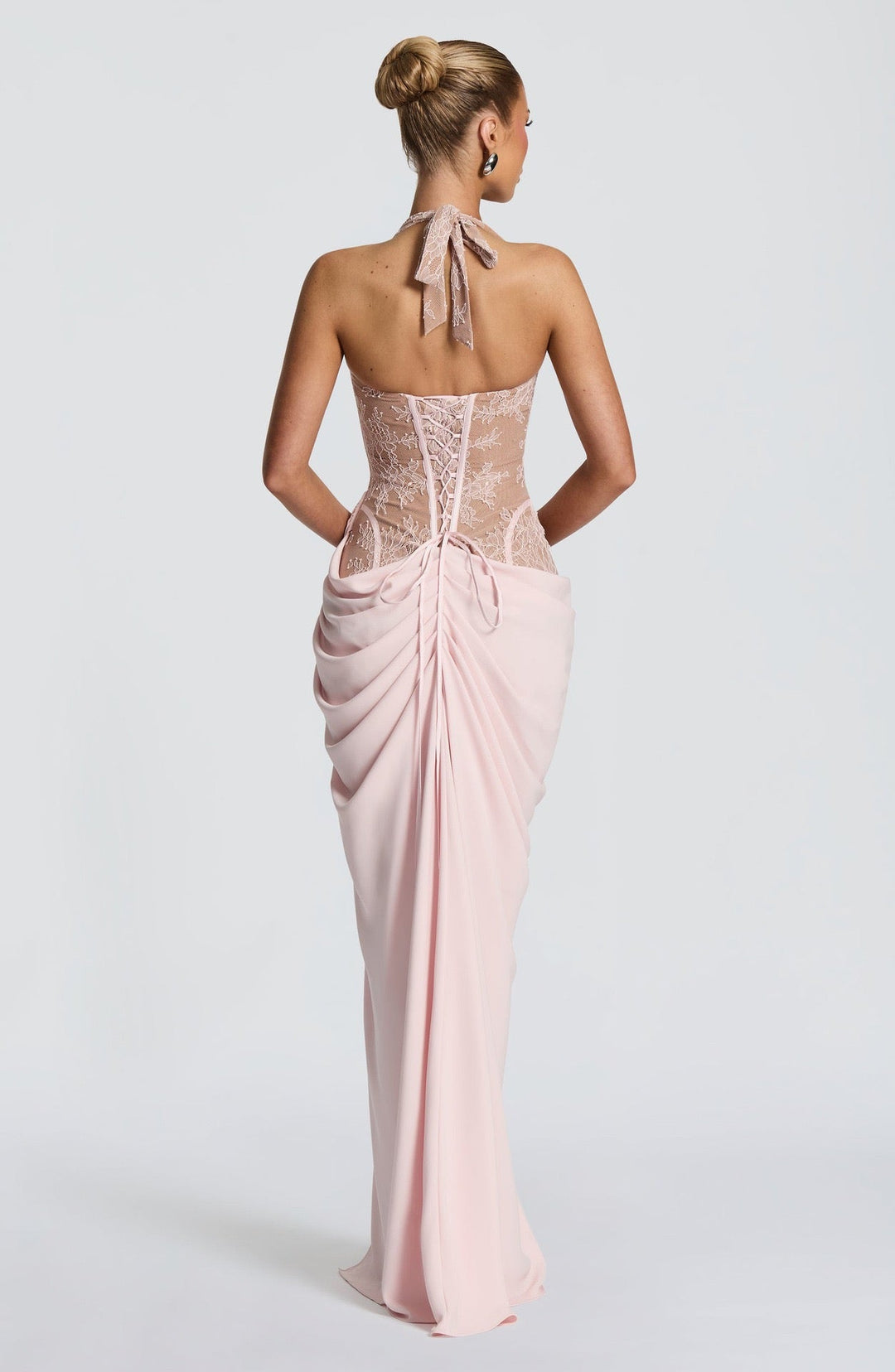 Elegant pleated maxi dress with lace embellishments, a slit design, and a back tie for a cinched waist – AYLIN