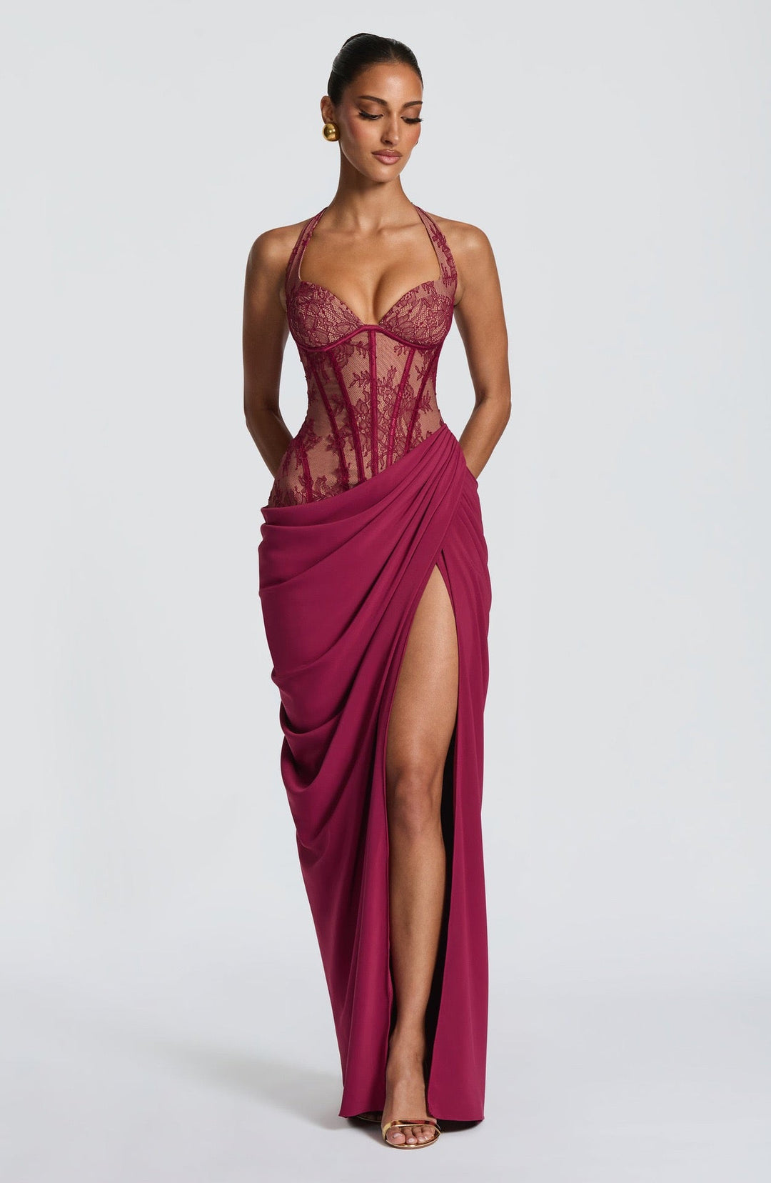 Elegant pleated maxi dress with lace embellishments, a slit design, and a back tie for a cinched waist – AYLIN