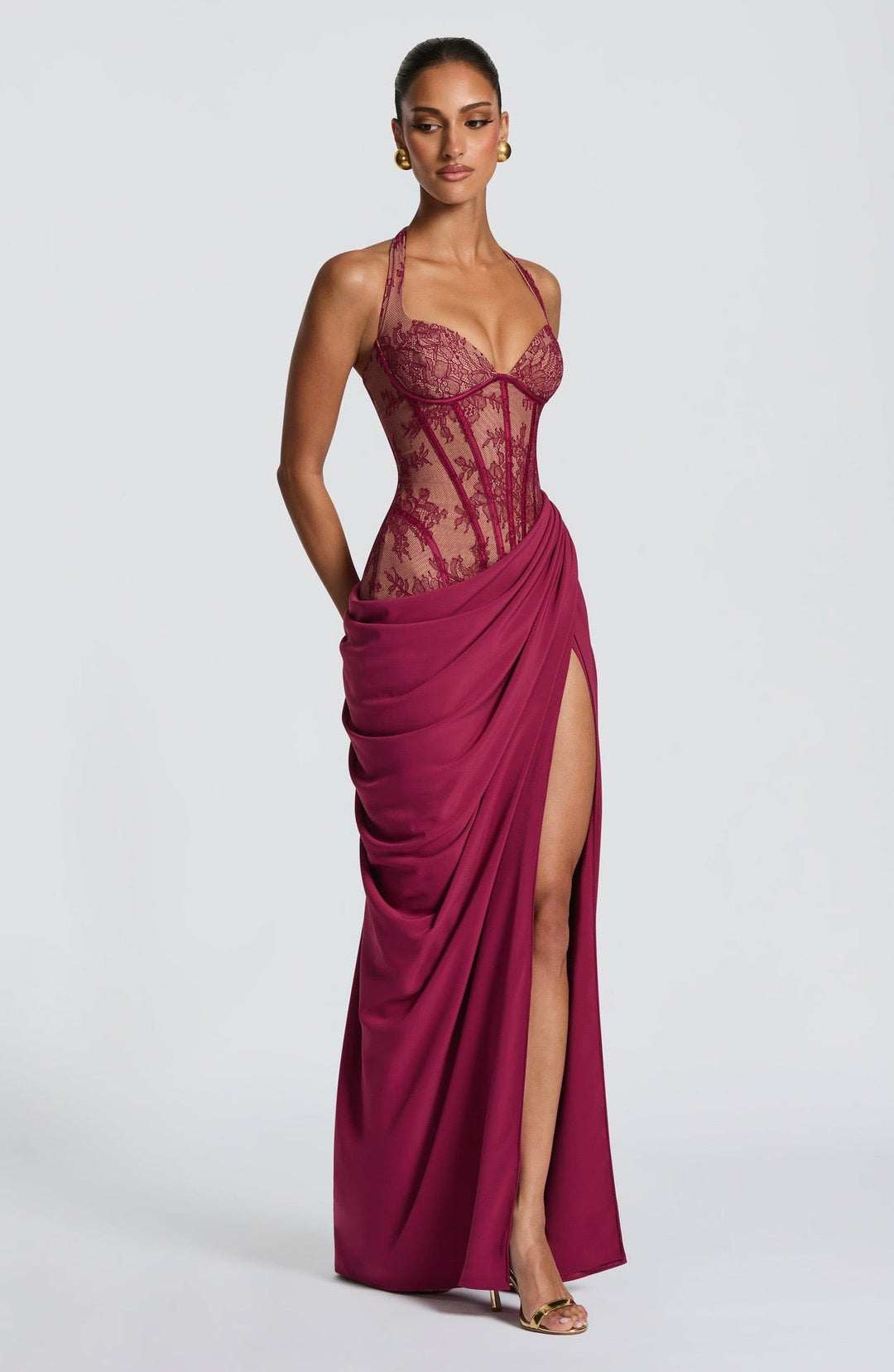 Elegant pleated maxi dress with lace embellishments, a slit design, and a back tie for a cinched waist – AYLIN
