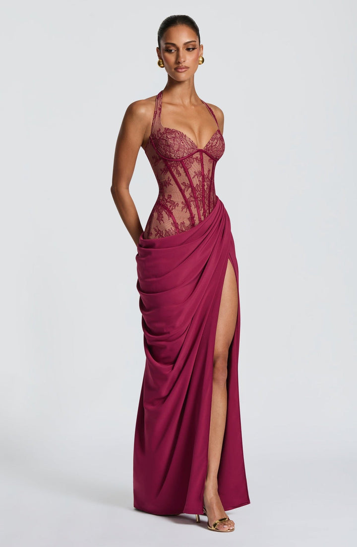 Elegant pleated maxi dress with lace embellishments, a slit design, and a back tie for a cinched waist – AYLIN