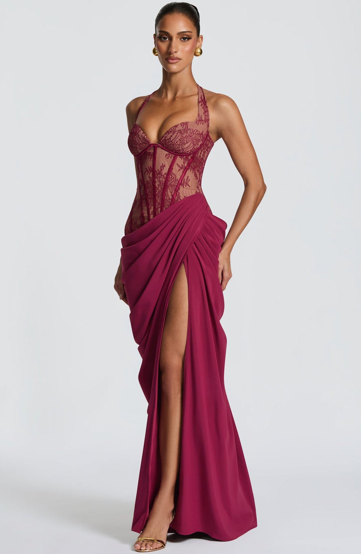 Elegant pleated maxi dress with lace embellishments, a slit design, and a back tie for a cinched waist – AYLIN