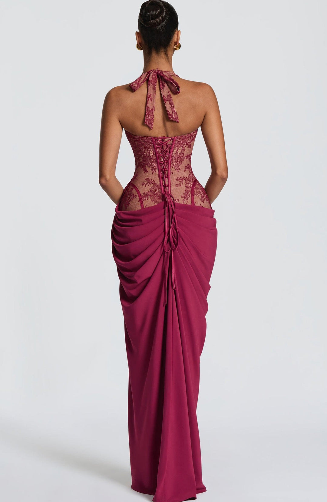 Elegant pleated maxi dress with lace embellishments, a slit design, and a back tie for a cinched waist – AYLIN