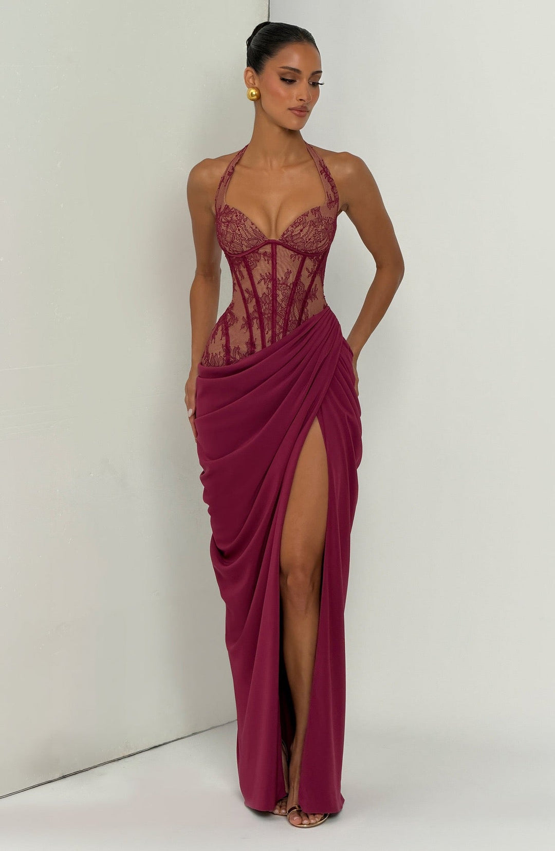 Elegant pleated maxi dress with lace embellishments, a slit design, and a back tie for a cinched waist – AYLIN