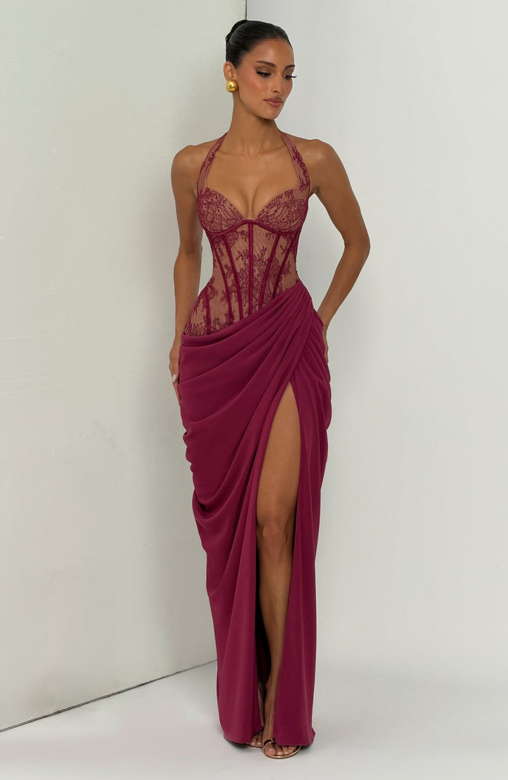 Elegant pleated maxi dress with lace embellishments, a slit design, and a back tie for a cinched waist – AYLIN