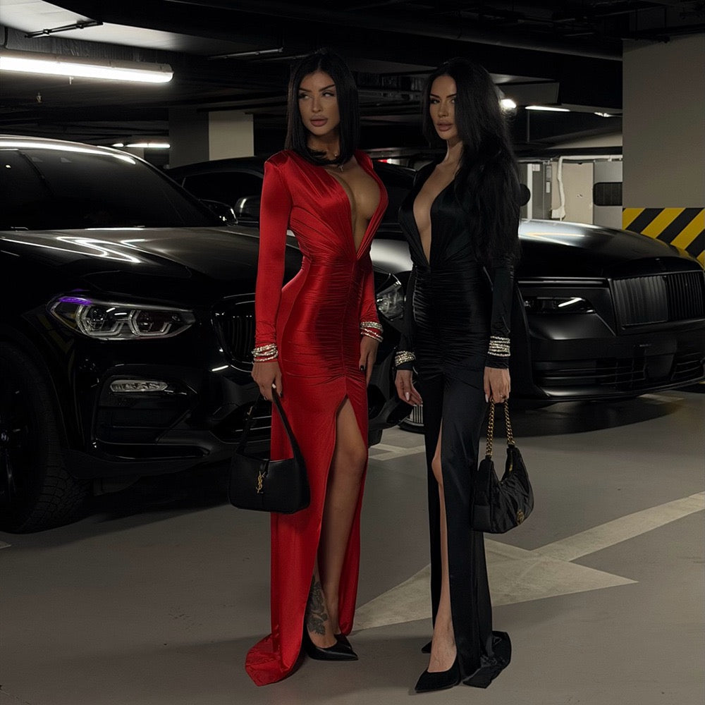 Maxi dress, shiny fabric, slit design, V-neckline - DASH