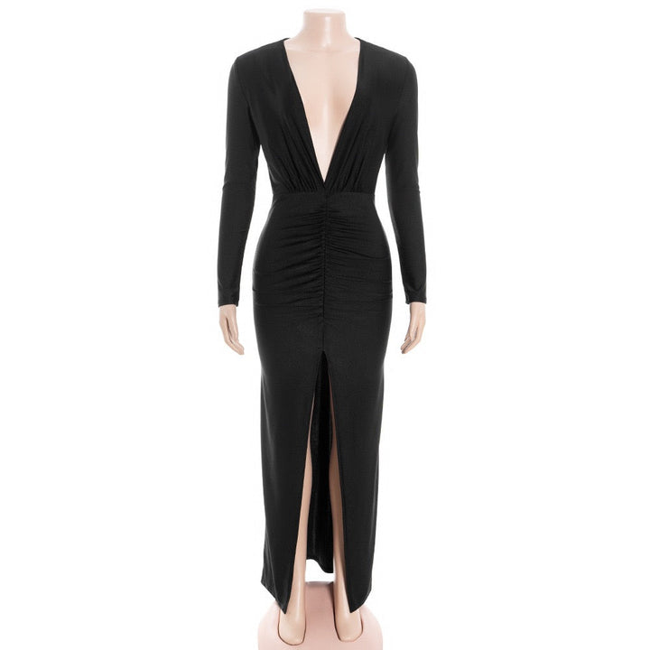 Maxi dress, shiny fabric, slit design, V-neckline - DASH