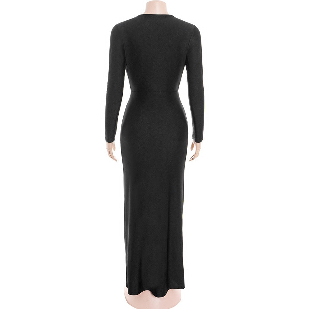 Maxi dress, shiny fabric, slit design, V-neckline - DASH