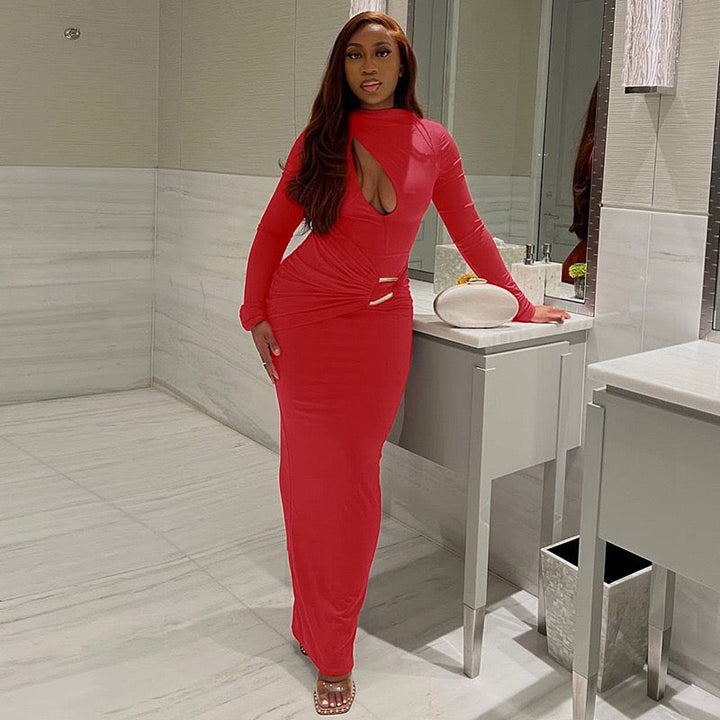 Maxi dress with a gathered design and a buckle decoration - LUCI