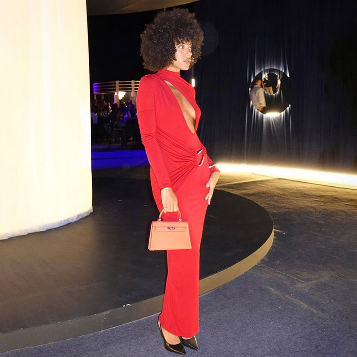 Maxi dress with a gathered design and a buckle decoration - LUCI