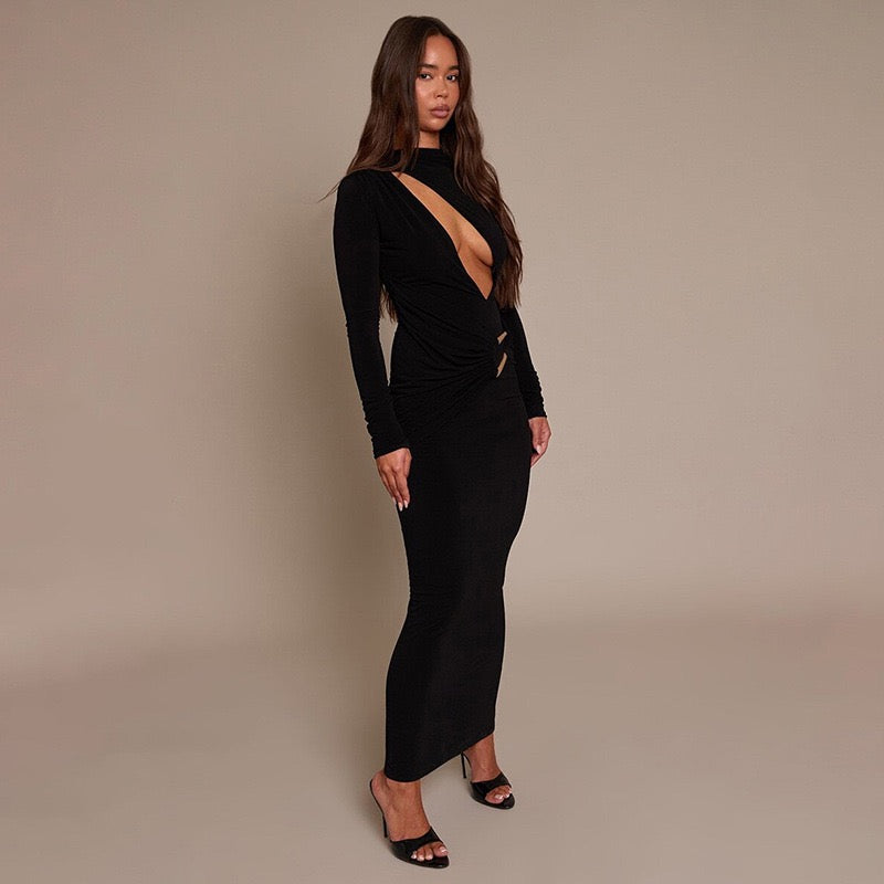 Maxi dress with a gathered design and a buckle decoration - LUCI