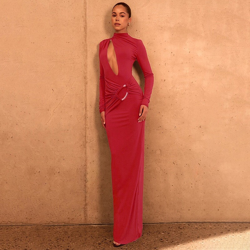 Maxi dress with a gathered design and a buckle decoration - LUCI