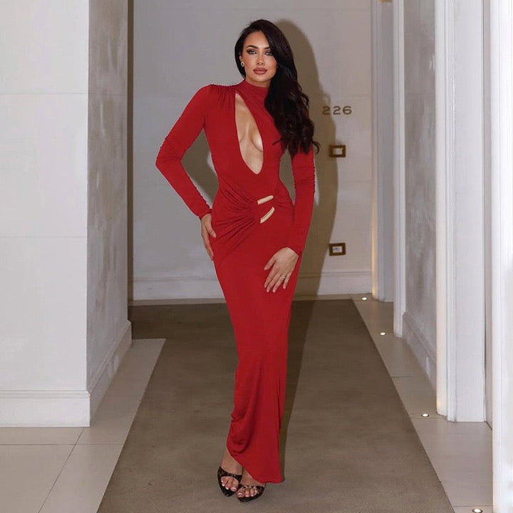 Maxi dress with a gathered design and a buckle decoration - LUCI