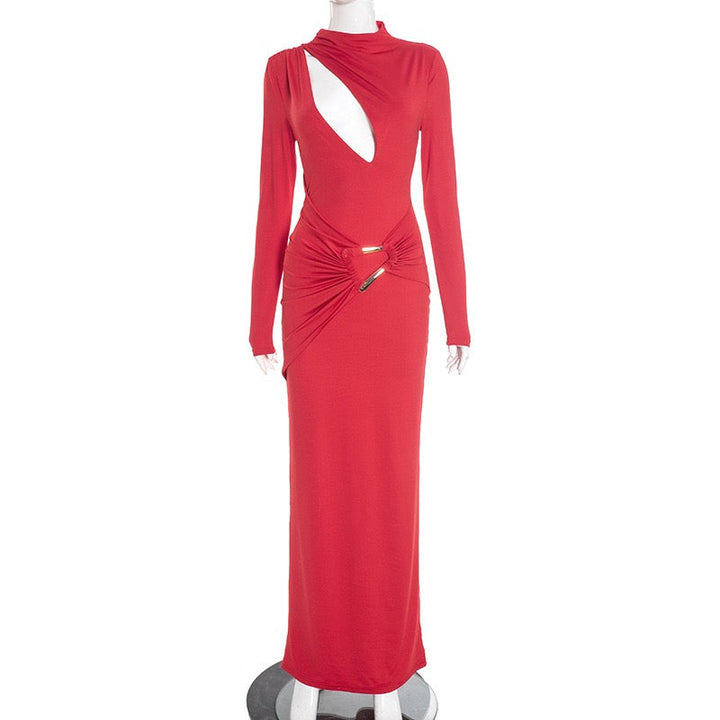 Maxi dress with a gathered design and a buckle decoration - LUCI