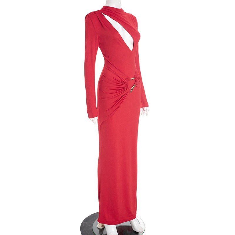 Maxi dress with a gathered design and a buckle decoration - LUCI