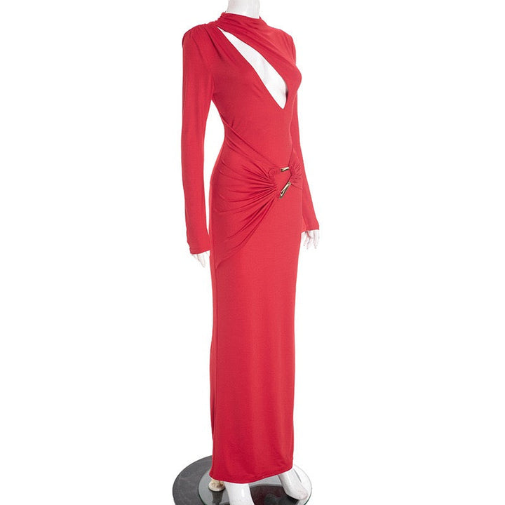 Maxi dress with a gathered design and a buckle decoration - LUCI