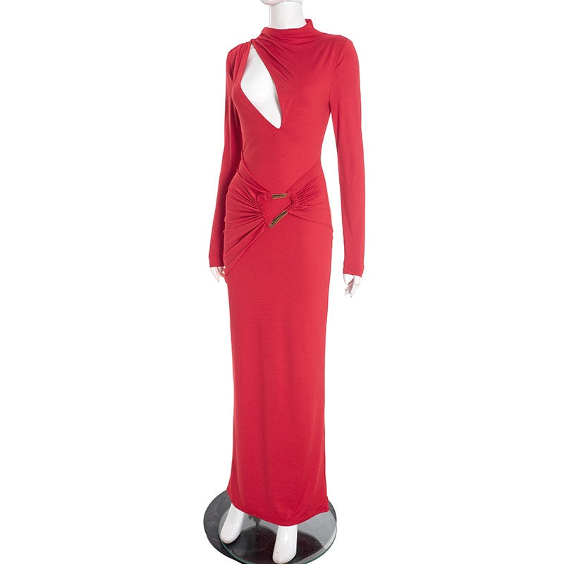 Maxi dress with a gathered design and a buckle decoration - LUCI