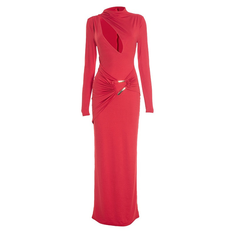 Maxi dress with a gathered design and a buckle decoration - LUCI