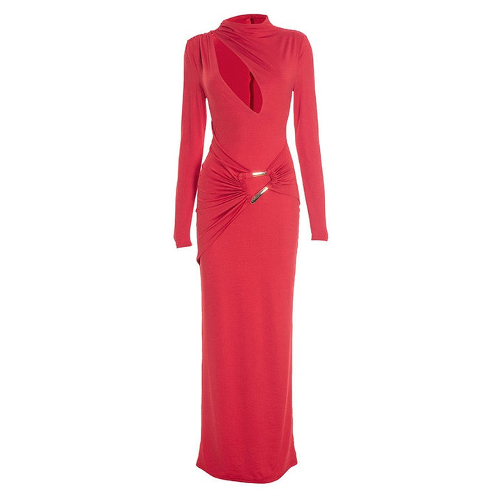 Maxi dress with a gathered design and a buckle decoration - LUCI