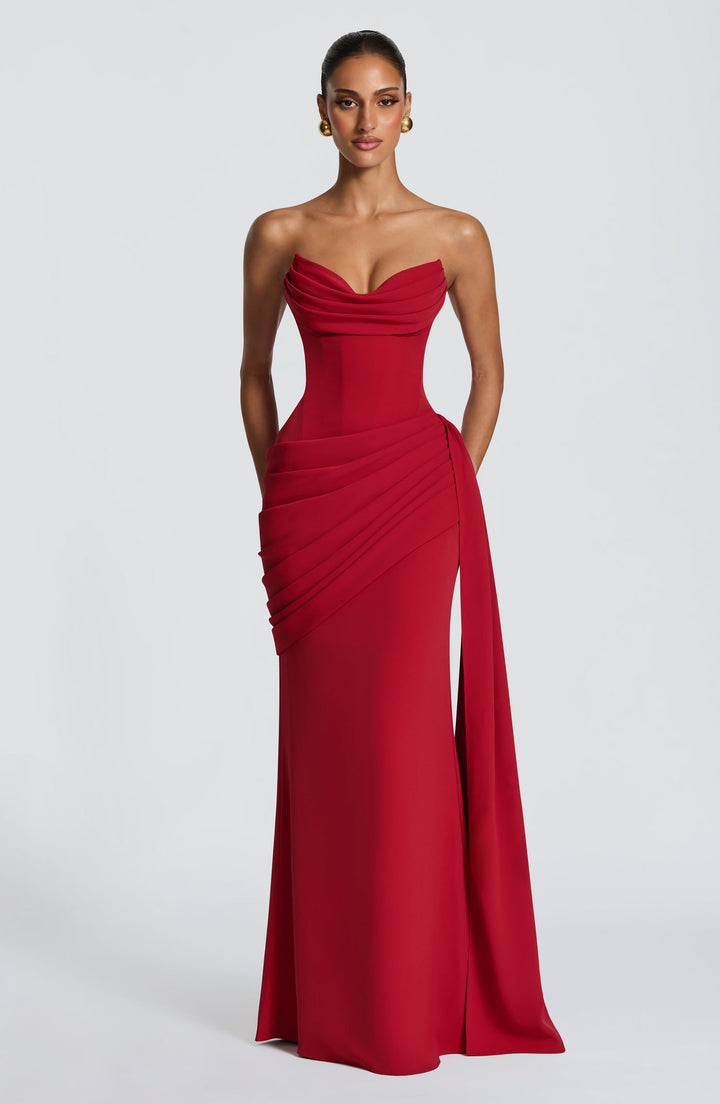 Strapless maxi dress with a back tie for a cinched waist, ruching, and a train – orin