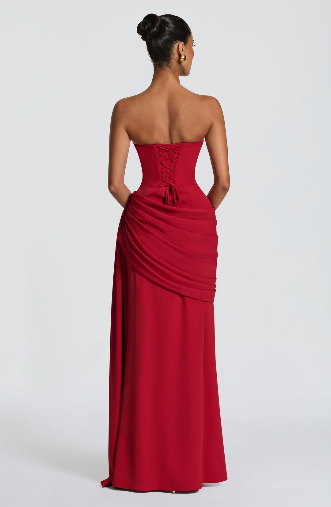 Strapless maxi dress with a back tie for a cinched waist, ruching, and a train – orin