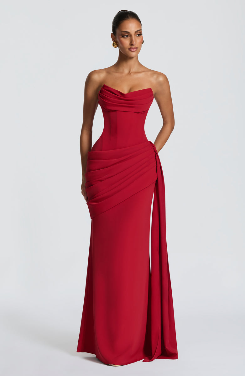 Strapless maxi dress with a back tie for a cinched waist, ruching, and a train – orin