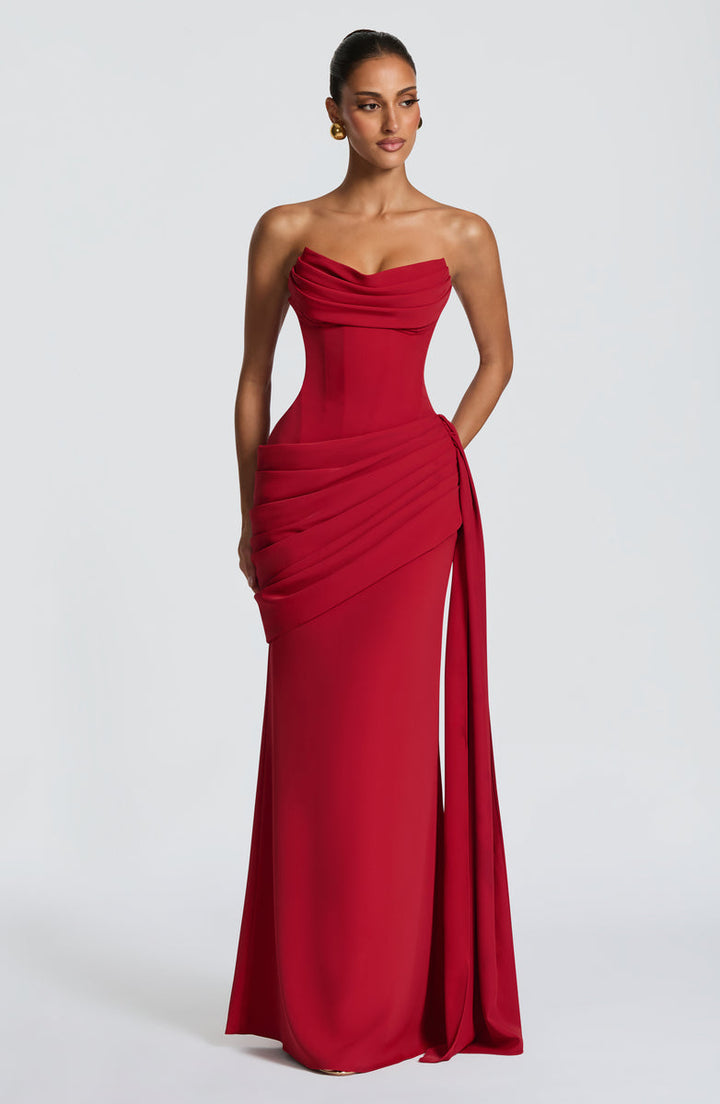 Strapless maxi dress with a back tie for a cinched waist, ruching, and a train – orin