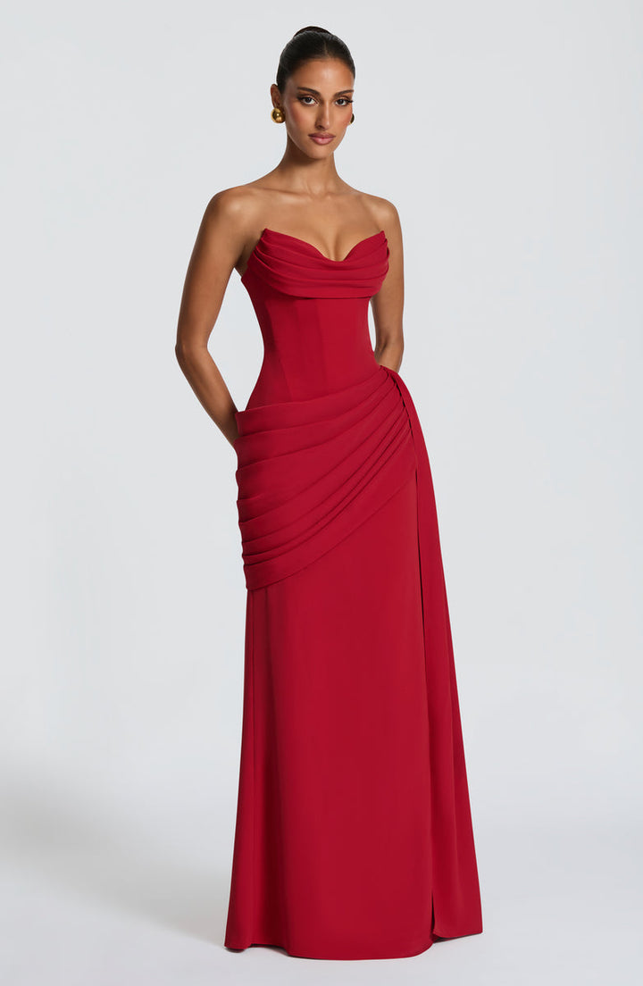 Strapless maxi dress with a back tie for a cinched waist, ruching, and a train – orin