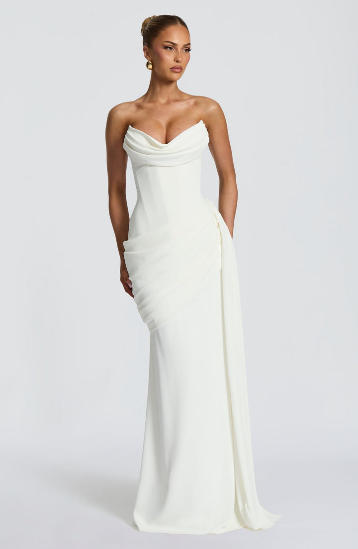Strapless maxi dress with a back tie for a cinched waist, ruching, and a train – orin