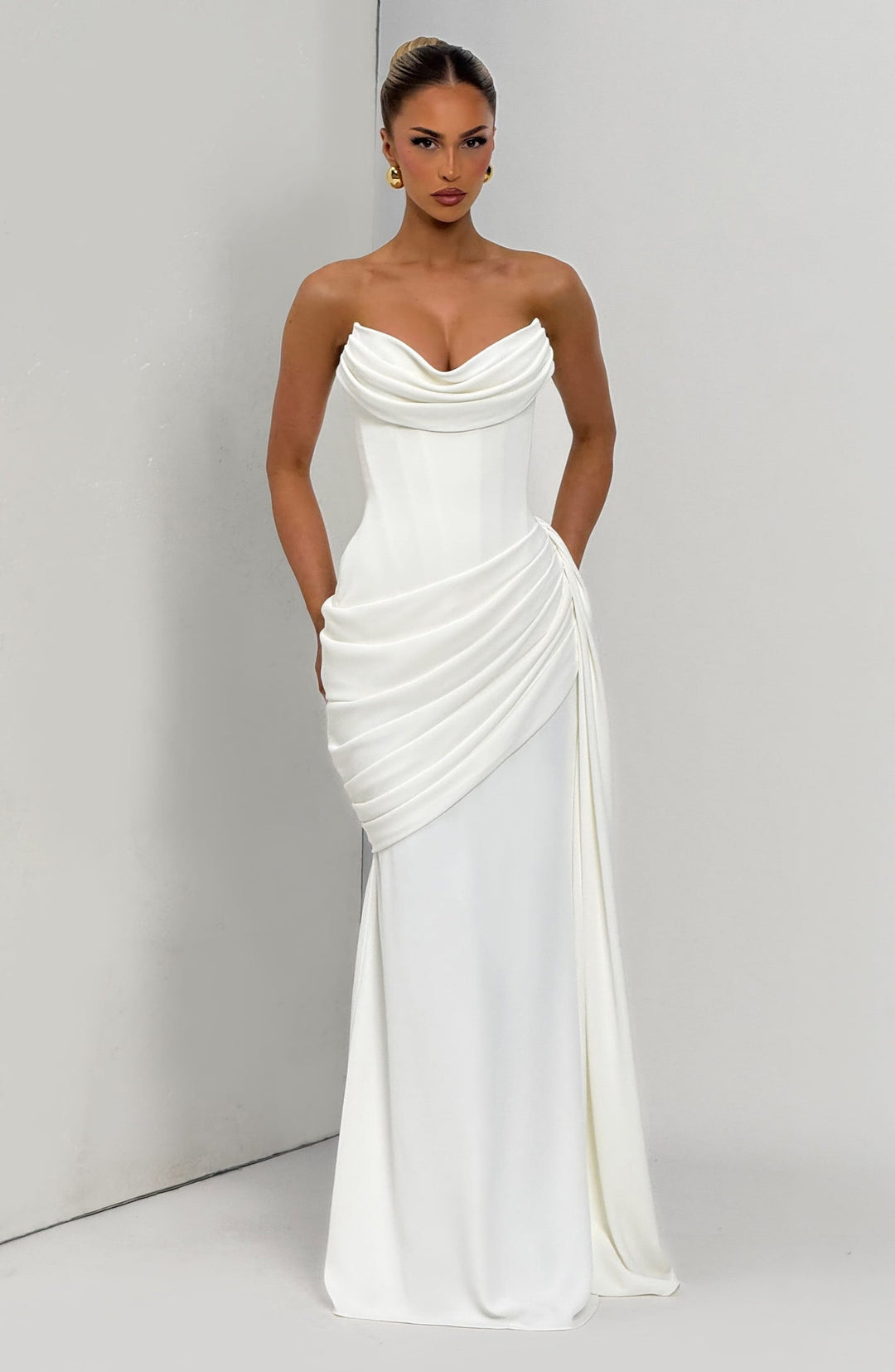 Strapless maxi dress with a back tie for a cinched waist, ruching, and a train – orin