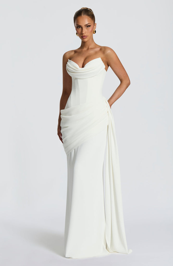 Strapless maxi dress with a back tie for a cinched waist, ruching, and a train – orin