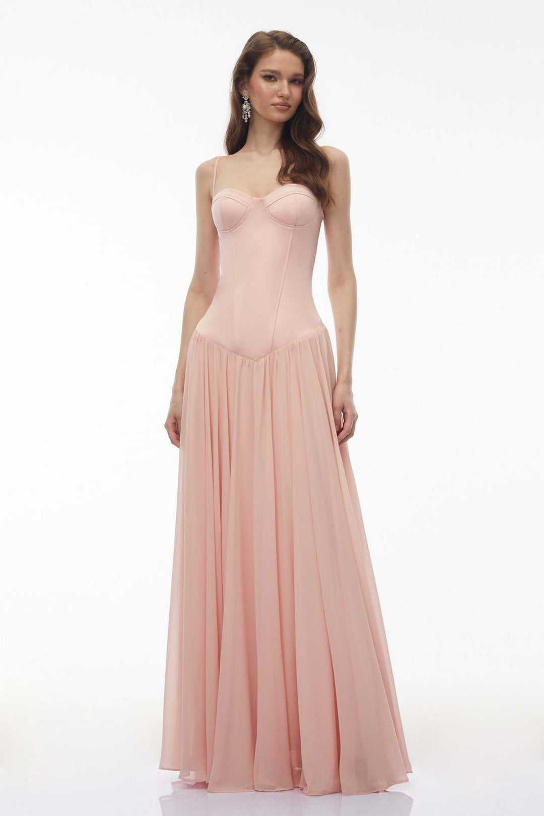 Maxi dress with a back tie for a cinched waist, chiffon skirt, and satin embellishments – Kaia