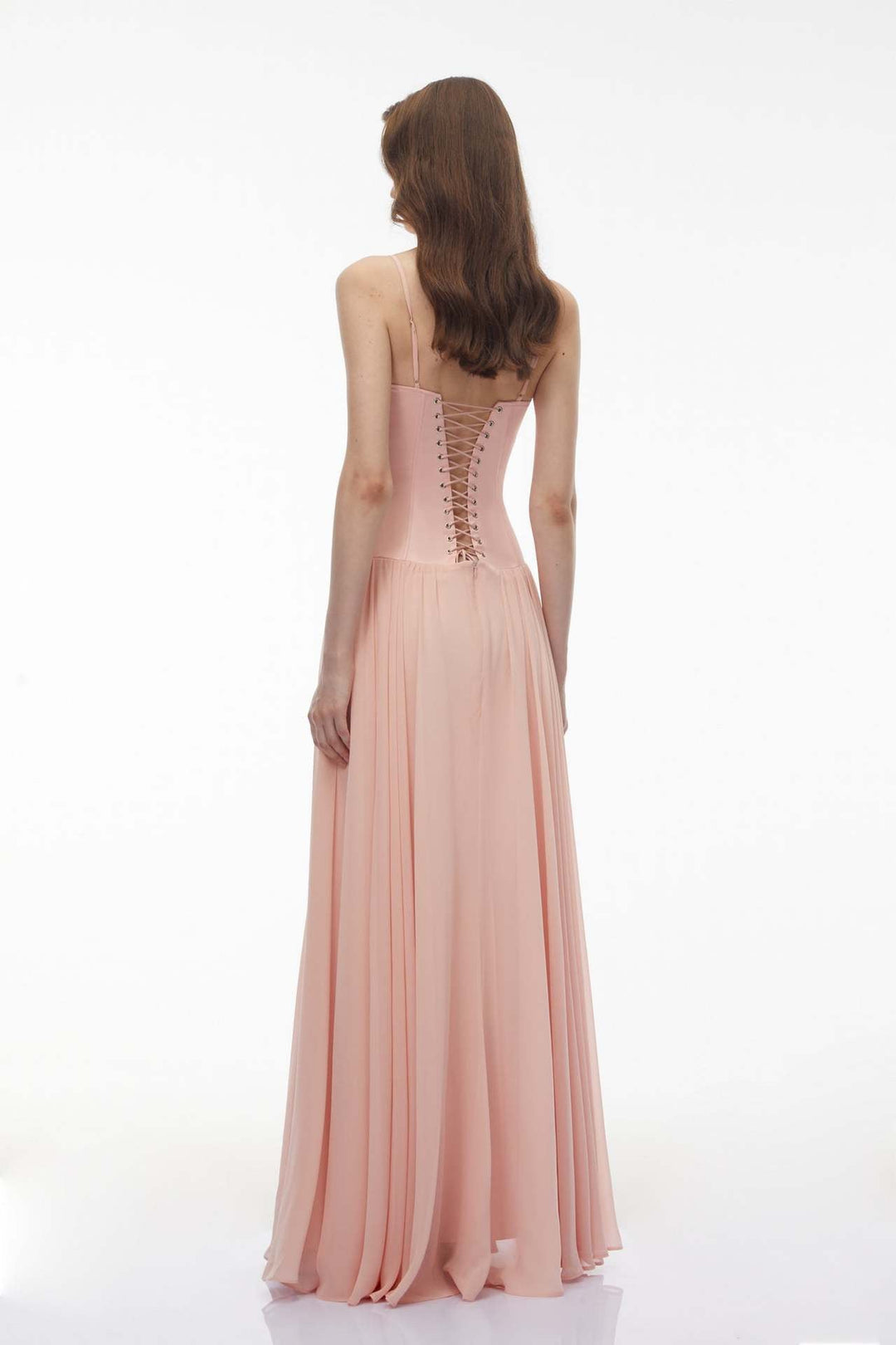 Maxi dress with a back tie for a cinched waist, chiffon skirt, and satin embellishments – Kaia