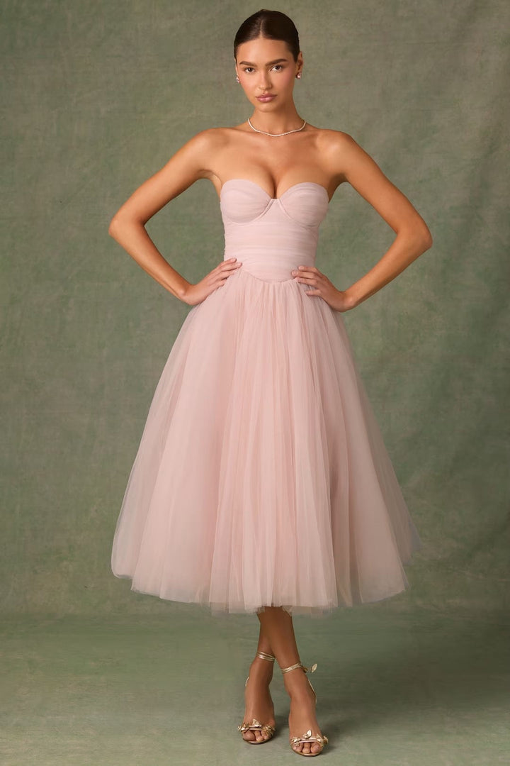 Strapless A-Line Midi Tulle Dress - LINI