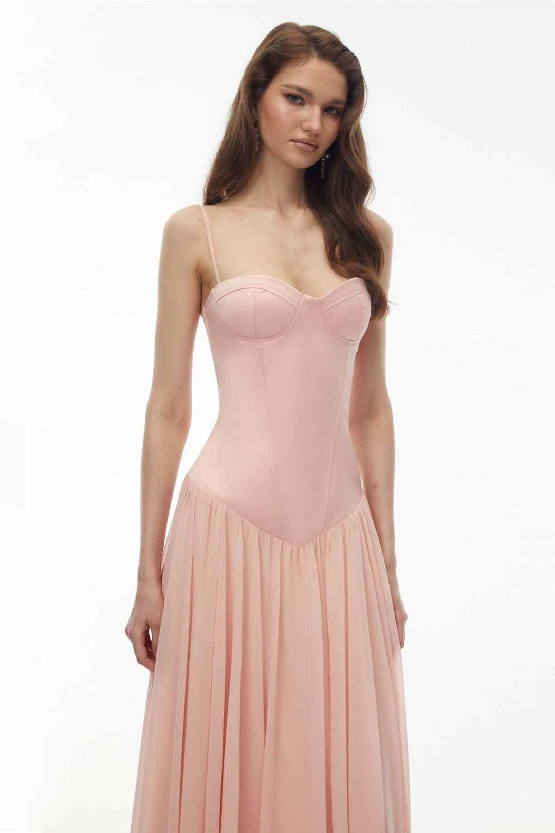 Maxi dress with a back tie for a cinched waist, chiffon skirt, and satin embellishments – Kaia