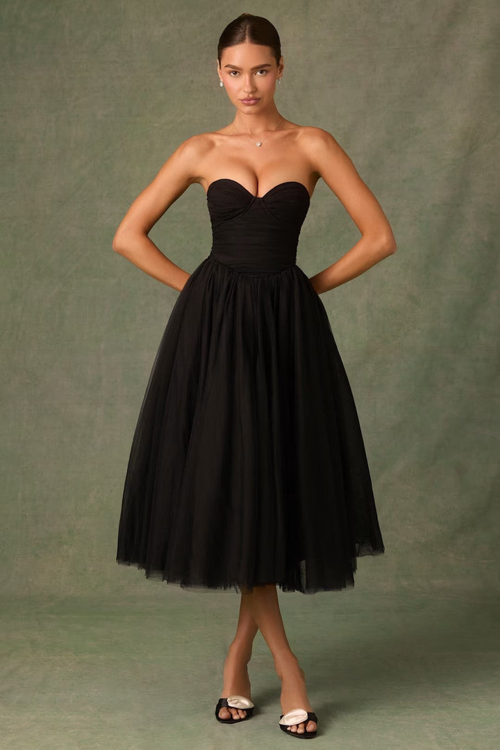 Strapless A-Line Midi Tulle Dress - LINI