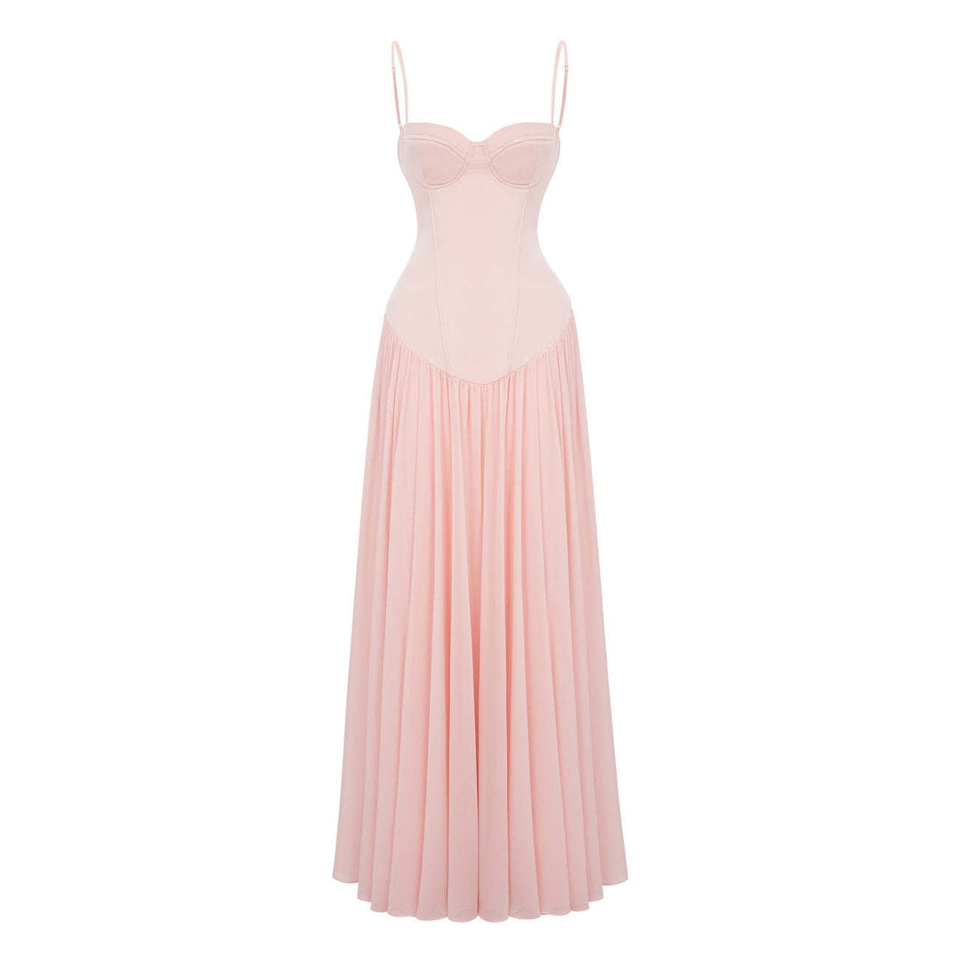 Maxi dress with a back tie for a cinched waist, chiffon skirt, and satin embellishments – Kaia