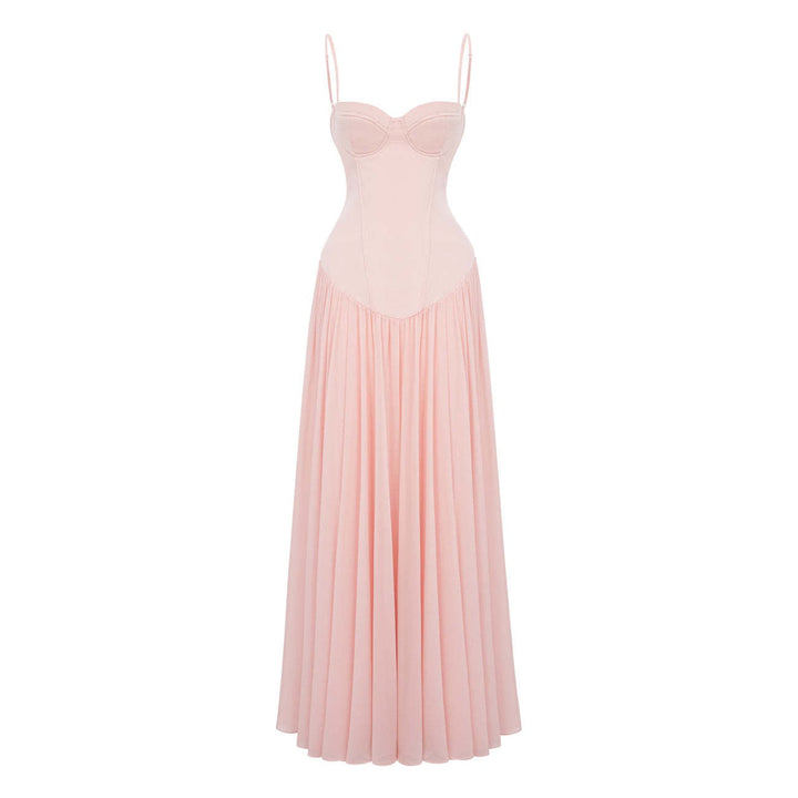 Maxi dress with a back tie for a cinched waist, chiffon skirt, and satin embellishments – Kaia