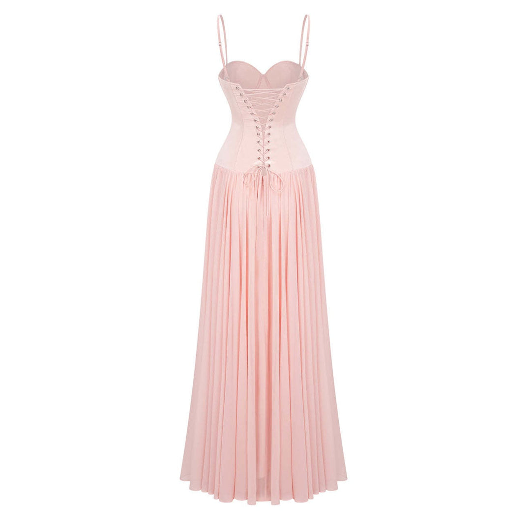 Maxi dress with a back tie for a cinched waist, chiffon skirt, and satin embellishments – Kaia